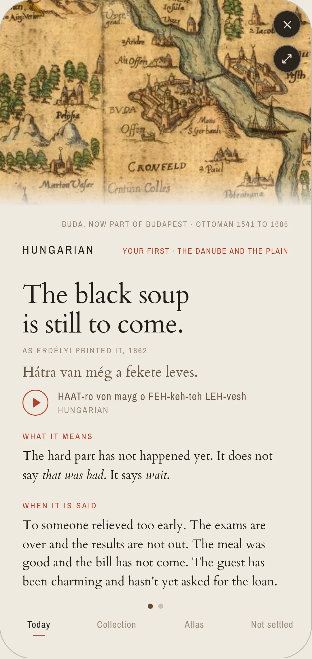 A Teltu card for the Hungarian saying The black soup is still to come, with a map of Hungary engraved in 1567 above it.