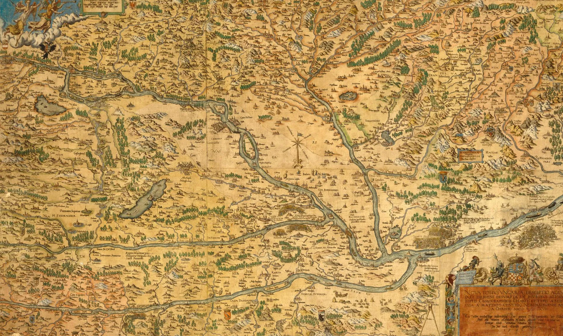 A hand-coloured map of Hungary from 1567, with the Danube running across it through Buda.